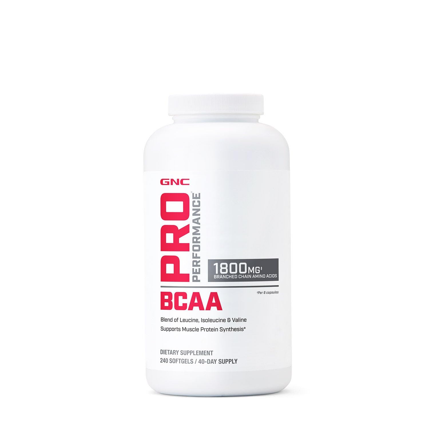 GNC Pro Performance BCAA 1.8g, 3rd Party Tested Supplement for Men & Women, Branched Chain Amino Acids, Essential Amino Acids Supports Muscle Protein Synthesis, 240 Softgels, 40 SVG GNC uk supplements