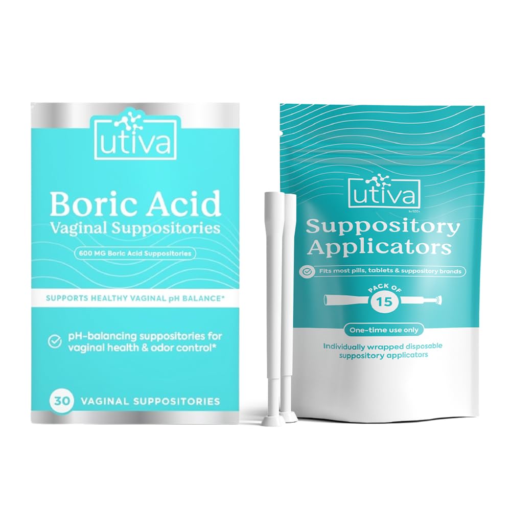 10% Bundle Utiva Boric Acid - 600mg 30-Boric Acid Vaginal Suppositories to Lower pH and Support Vaginal Health + Utiva Suppository Applicators – Hygienic Individually Wrapped 15 Vaginal Applicators Szio+ uk supplements