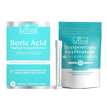 10% Bundle Utiva Boric Acid - 600mg 30-Boric Acid Vaginal Suppositories to Lower pH and Support Vaginal Health + Utiva Suppository Applicators – Hygienic Individually Wrapped 15 Vaginal Applicators Szio+ uk supplements