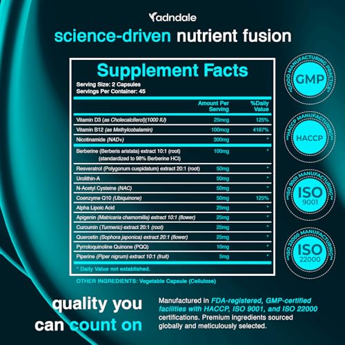 Adndale NAD Supplement. Longevity Formula with Liposomal NAD+, Trans Resveratrol, Urolithin-A, Berberine, CoQ10. NMN Supplement Alternative. 90 Count Adndale uk supplements