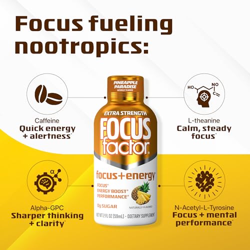 Focus Factor Extra Strength Focus + Energy Shots - 12 x 2oz Bottles (Pineapple Paradise Flavor) - Powered by Nootropics with Caffeine, L-Theanine, Ginkgo, Bacopa, L-Tyrosine, Alpha GPC Focus Factor uk supplements