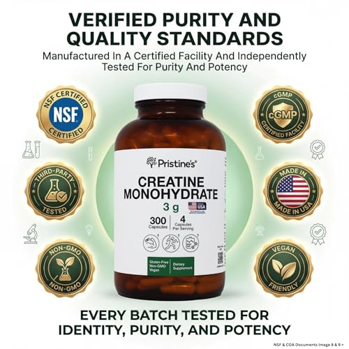 PRISTINE'S Creatine Monohydrate Capsules for Women & Men - NSF Certified 75 Day Supply 3G Muscle Growth Support Supplement - Cognitive & Athletic Performance Support - Enhanced Recovery PRISTINE'S uk supplements