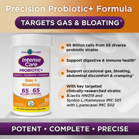 Vital Planet - Intense Care Gas & Bloating Probiotics Plus Organic Prebiotics, Postbiotics, Parabiotics, Complete 4-in-1 Supplement for Adults, 65 Billion CFU, 65 Strains, Digestive and Immune 30 ct Vital Planet uk supplements