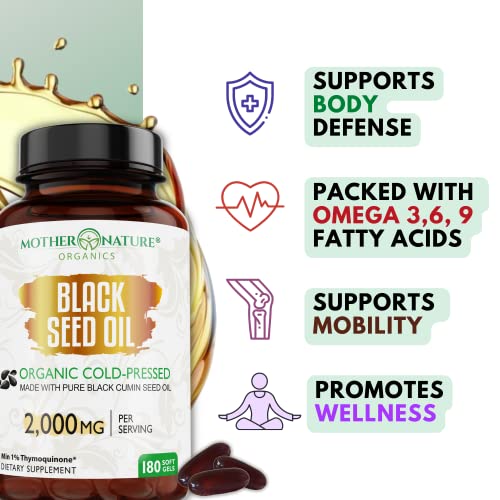 Organic Black Seed Oil Capsules - 3 Month Supply - 180 Count (2000mg Per Serving) Mother Nature Organics Superfoods for Organic Living uk supplements