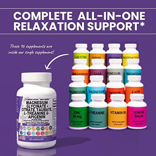 Magnesium Glycinate Complex 1000mg with L-Theanine 200mg Apigenin 50mg Citrate Taurate Supplement - 5-HTP GABA Passion Flower Lemon Balm L-Glycine Phosphatidylserine Ashwagandha - USA Made Clean Nutra Clean Nutraceuticals uk supplements