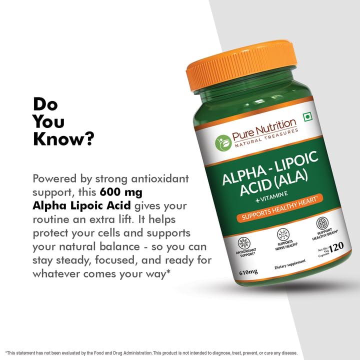 Pure Nutrition Alpha Lipoic Acid 600mg + Vitamin E | 120 Caps | Powerful Antioxidant to Support Nerve & Heart Health*. | Non-GMO PURE NUTRITION NATURAL TREASURES uk supplements