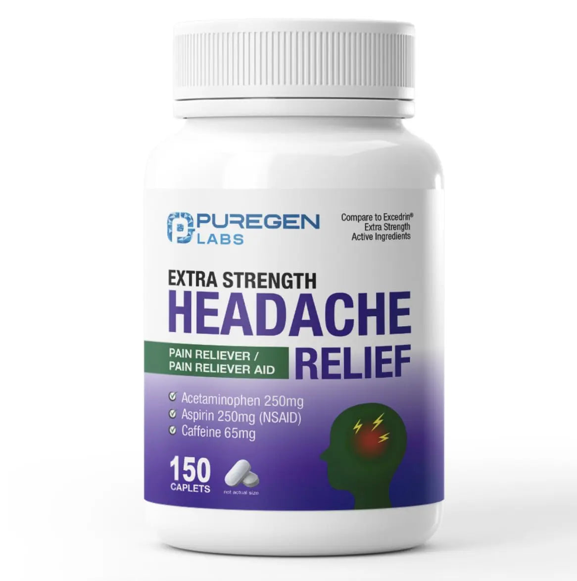 Puregen Labs Extra Strength Headache Caplets, Aspirin 250 mg (NSAID), Caffeine 65 mg, 150 Count P Puregen Labs uk supplements