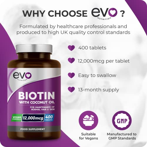 Biotin Hair Growth Supplement 12,000mcg with Coconut Oil | 400 High Strength Tablets EVO NUTRITION uk supplements