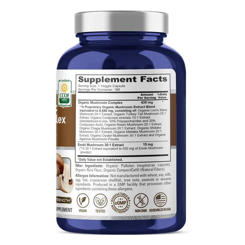 NusaPure Organic Mushroom Complex 10,000mg per Capsule, 180 Veggie Caps, Non-GMO, Enoki, Turkey Tail, Reishi, Chaga, Maitake NusaPure uk supplements