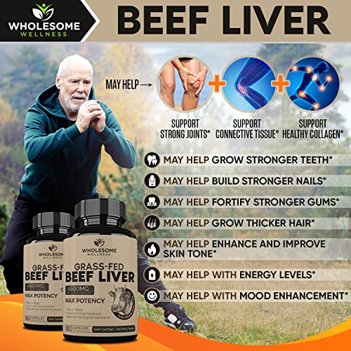 Grass Fed Desiccated Beef Liver Capsules (180 Pills, 750mg Each) - Natural Iron, Vitamin A Wholesome Wellness uk supplements