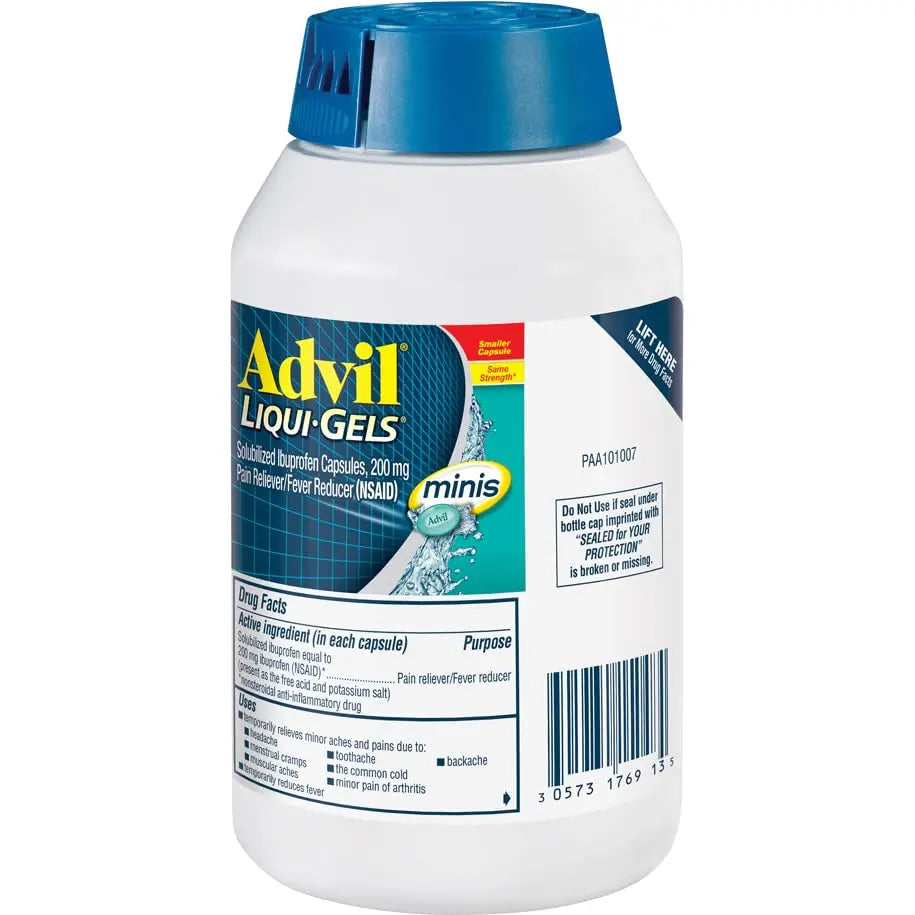 Advil Liqui-Gels minis Pain Reliever and Fever Reducer, Pain Medicine for Adults with Ibuprofen 200mg for Pain Relief - 200 Liquid Filled Capsules Advil uk supplements