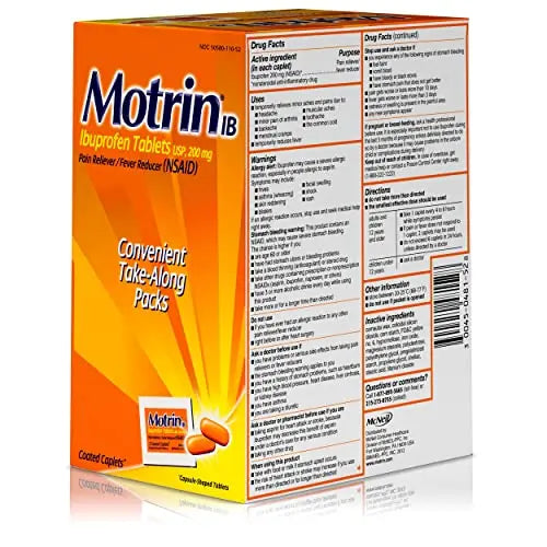 Motrin IB, Ibuprofen 200mg Tablets, NSAID Pain & Fever Reliever for Headache, Backache, Muscular Aches, Arthritis Pain Reliever, 50 Travel Packets of 2, 100 ct Motrin uk supplements