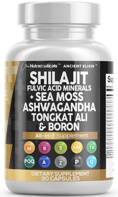 Clean Nutraceuticals Shilajit Supplement for Men with Sea Moss, Tongkat Ali, Ashwagandha, Boron, Zinc, CoQ10, PQQ - Fulvic Acid Capsules - Energy Support - 90 Count - Resin, Gummy & Powder Alternative Clean Nutraceuticals uk supplements