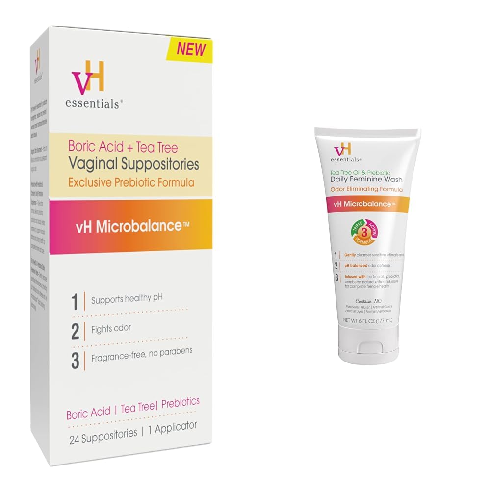 vH essentials Vaginal Health Bundle - Boric Acid + Tea Tree Suppositories (24 Count) + Tea Tree & Prebiotic Feminine Wash (6 Fl Oz) vH essentials uk supplements