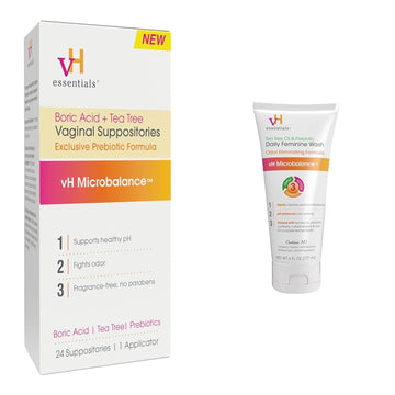 vH essentials Vaginal Health Bundle - Boric Acid + Tea Tree Suppositories (24 Count) + Tea Tree & Prebiotic Feminine Wash (6 Fl Oz) vH essentials uk supplements