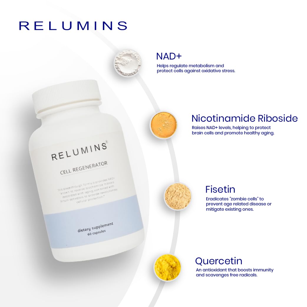Relumins NAD+ Supplement with Nicotinamide Riboside, Resveratrol, Quercetin, Fisetin & Curcumin – Focus, Vitality, Energy, Balance & Daily Wellness Support – 60 Vegan Capsules Relumins uk supplements