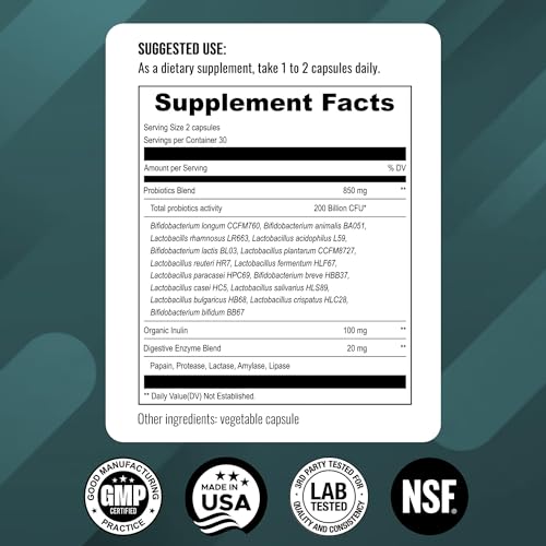 UpNourish Probiotics - 200 Billion CFUs, 15 Strains, Prebiotics & Enzymes - 60 Vegan Cap UpNourish uk supplements