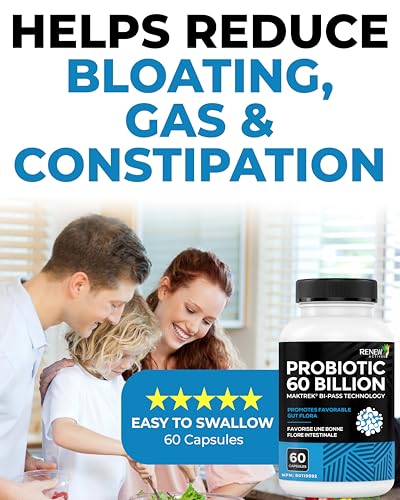 Renew Actives Probiotic Supplement for Digestive Health 60 Billion CFU per 2 Capsules - Advanced Formula with Prebiotic Benefits - Supports Gut Flora Balance & Wellness - Made in Canada - 60 Capsules Renew Actives uk supplements