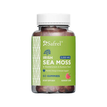 Safrel Irish Sea Moss Gummies 3000mg with Bladderwrack and Burdock Root, Thyroid Energy and Immune Support, Vegan Raspberry Flavor, 60 Gummies Safrel uk supplements