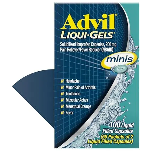 Advil Liqui-Gels minis Pain Reliever and Fever Reducer, Pain Medicine for Adults with Ibuprofen 200mg for Pain Relief - 50x2 Liquid Filled Capsules Advil uk supplements