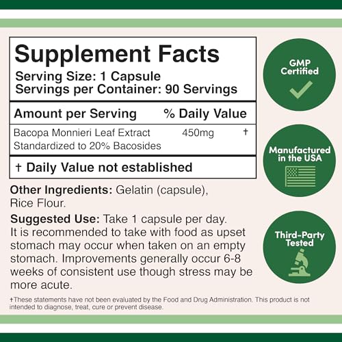 Bacopa Monnieri Capsules 20% Bacosides 450mg, 90 Count (Manufactured in USA Double Wood Supplements uk supplements