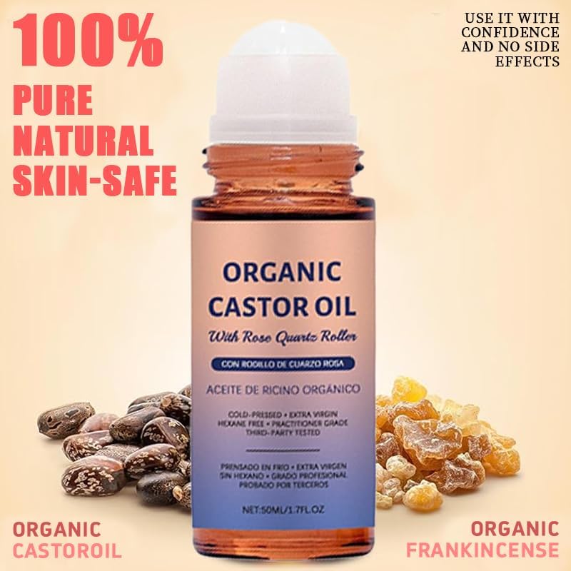 Organic Castor Oil with Rose Quartz Roller, Cold-Pressed Pure Organic Castor Oil Roller Ball for Hair Growth, Eyelashes, Eyebrows & Skin, 1.7 fl oz(1) Olavita Serum uk supplements