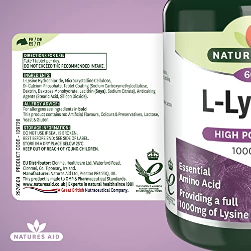 Natures Aid L-Lysine 1000 mg, High Potency Essential Amino Acid, Vegan, 60 Tablets natures aid uk supplements