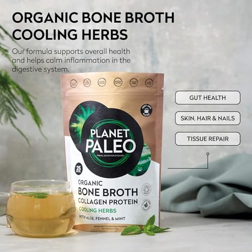 Planet Paleo Organic Bone Broth - Cooling Herbs (450g, 50 Servings) Organic, Grass Fed, High Protein Planet Paleo uk supplements
