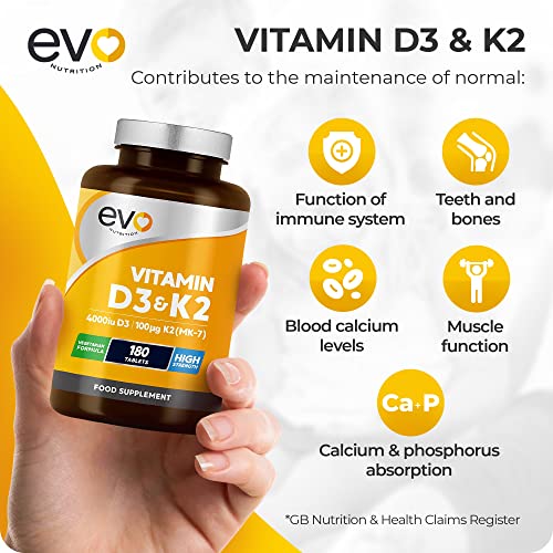Vitamin D3 4000iu & Vitamin K2 100ug (MK7) |180 Vegetarian Tablets | 1-A-Day | 6 Month EVO NUTRITION uk supplements