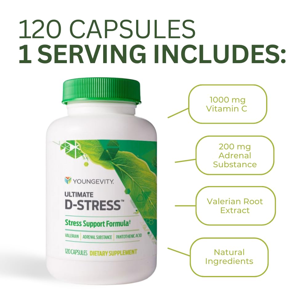 Youngevity Ultimate D-Stress™ – Natural Stress Relief Supplement with Magnesium, Valerian Root Extract, and B Vitamins – Supports Adrenal Health and Nervous System – 120 Capsules (Pack of 1) Youngevity uk supplements
