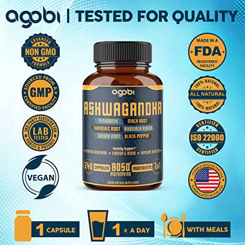 240 Capsules - 8 Month Supply - 7in1 Ashwagandha 8050mg - Combined With Fenugreek agobi uk supplements