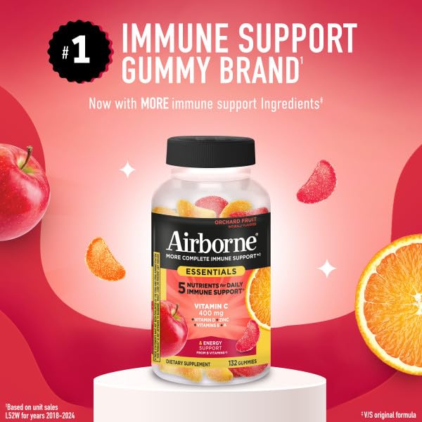 Airborne 400mg Vitamin C Gummies for Adults & Children, Immune Essentials Daily Immune Support Supplement with Vitamins C & E - Orchard Fruit Flavor, 132 Gummies (Pack of 2) Airborne uk supplements