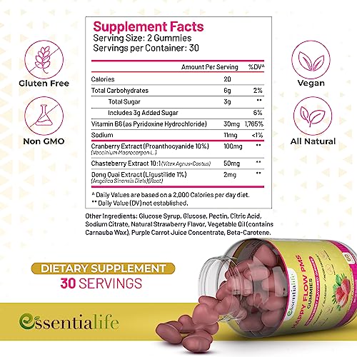 Happy Flow Strawberry-Flavor Chewable PMS Gummies | Hormone Balance Chasteberry Essentialife uk supplements
