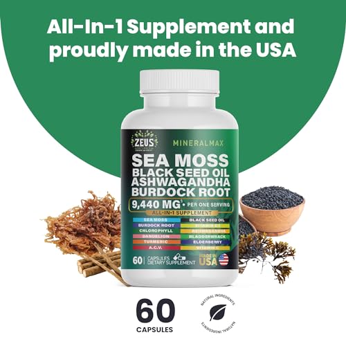 Sea Moss Capsules with Black Seed Oil, Burdock Root, Bladderwrack, Turmeric, Ashwagan Zeus Naturals uk supplements