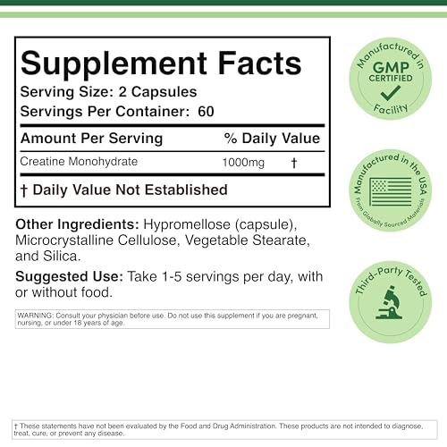 Creatine Monohydrate Capsules - 1g per Serving, 120 Count - No Fillers, Vegan Safe, Non-GMO, Gluten Free by Double Wood Double Wood Supplements uk supplements