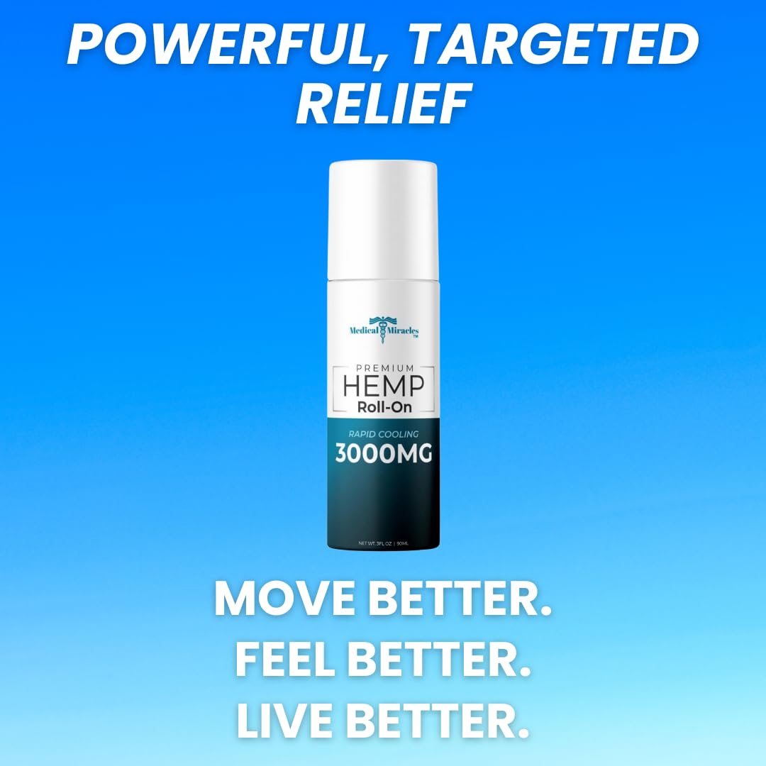 Medical Miracles New Hemp Oil Roll On - Ideal for Muscles, Hips, Joints, Neck, Back, Elbows, Fingers, Hands, and Knees (3000mg Roll-On) Medical Miracles uk supplements