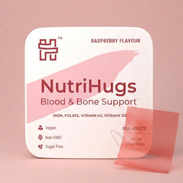 MedHugs NutriHugs Blood and Bone Support - Iron, Folate, Vitamin D3 and K2 - Fast-Dissolving Oral Thin Film Strips - Non-Constipating Iron - Vegan, Sugar-Free, Non-GMO - 30 Strips MedHugs uk supplements
