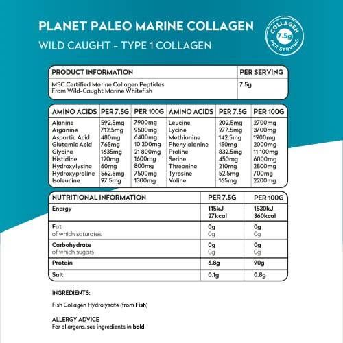 Pure Marine Collagen Powder (60 Servings, 450g) | for Healthy Skin, Hair and Nails, and Gut Health Planet Paleo uk supplements