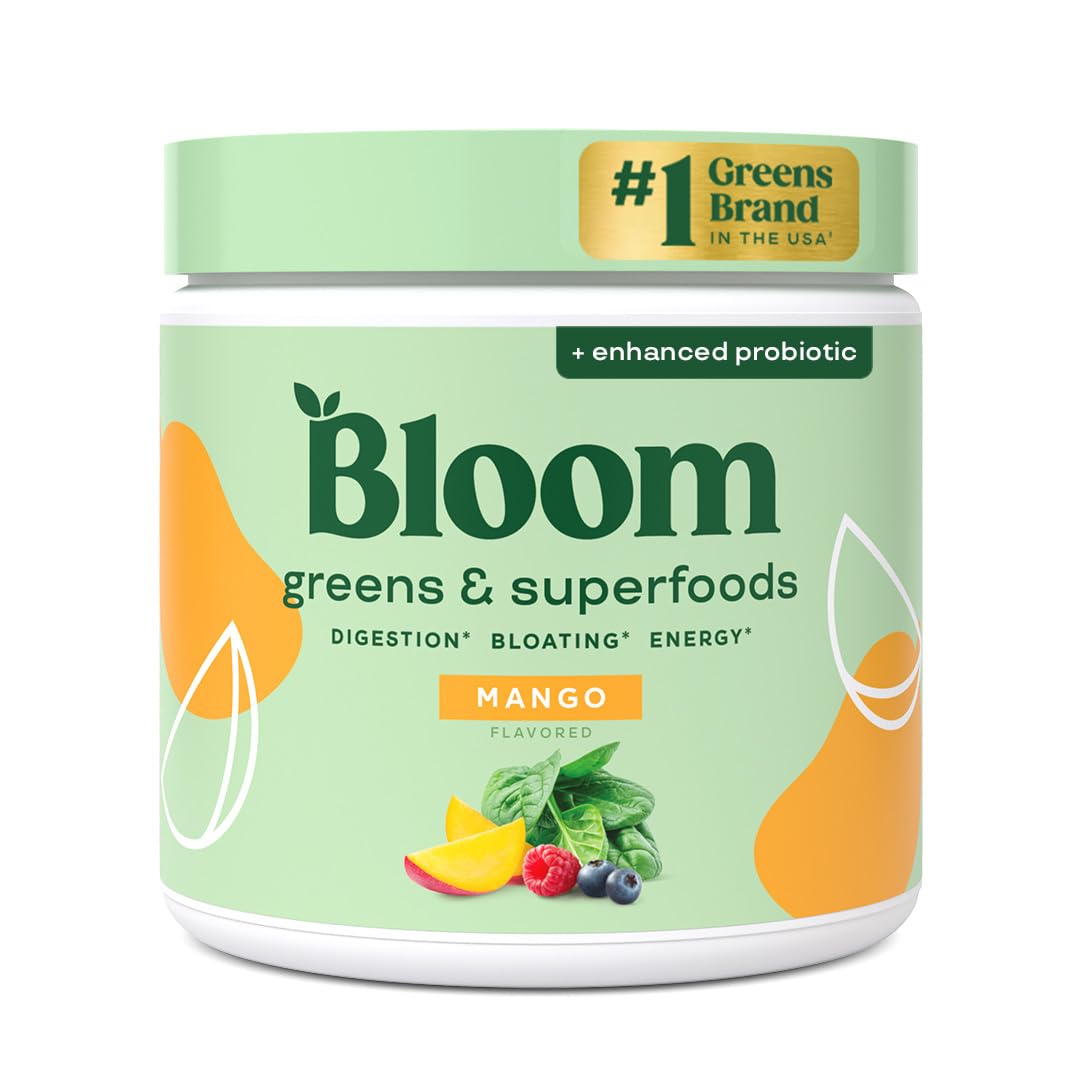Bloom Nutrition Superfood Greens Powder, Digestive Enzymes with Probiotics and Prebiotics, Gut Health, Bloating Relief for Women, Chlorella, Green Juice Mix with Beet Root Powder, 30 SVG, Mango Bloom Nutrition uk supplements