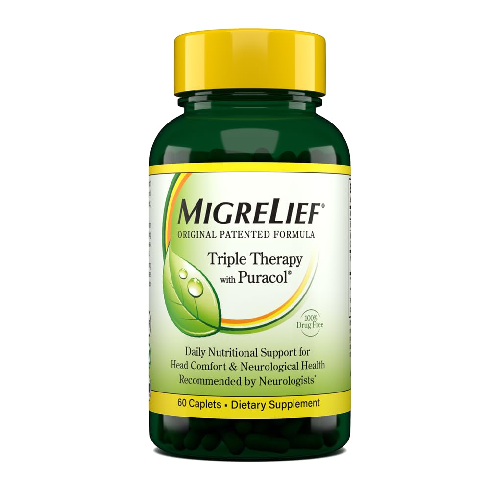 MigreLief Original Triple Therapy with Puracol - Nutritional Support for Migraine Sufferers - 60 Caplets/1 Month Supply MigreLief uk supplements
