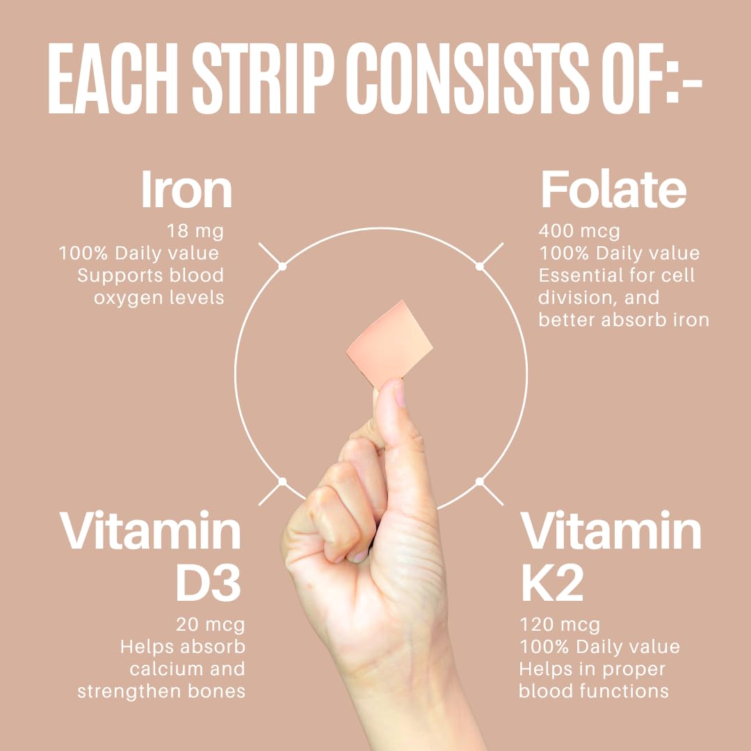 MedHugs NutriHugs Blood and Bone Support - Iron, Folate, Vitamin D3 and K2 - Fast-Dissolving Oral Thin Film Strips - Non-Constipating Iron - Vegan, Sugar-Free, Non-GMO - 30 Strips MedHugs uk supplements