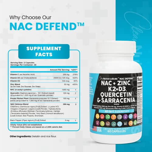 NAC Supplement N-Acetyl Cysteine 1000mg Vitamin D3 K2 Zinc Quercetin Clean Nutraceuticals uk supplements