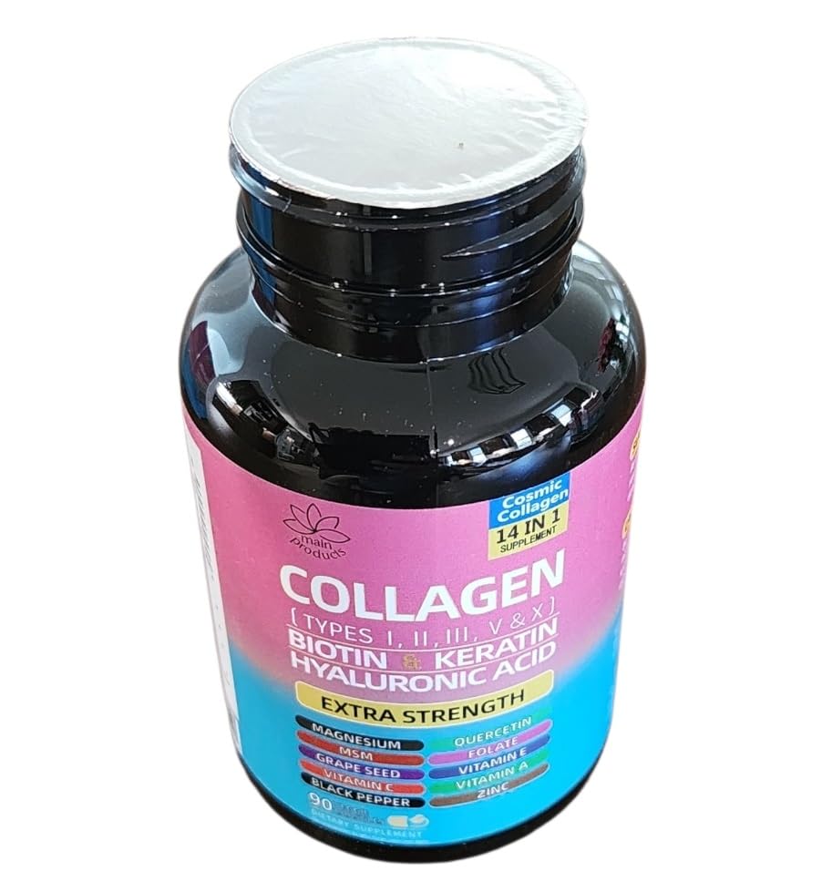Collagen Peptides Types I, II, III, V & X, 64000 MCG, 14 in 1, Biotin, Keratin, Hyaluronic Acid, Magnesium, MSM, Grape Seed, Vitamin A C & E, Black Pepper, Quercetin, Folate, Zinc (90 Veggie Caps) Main Products uk supplements