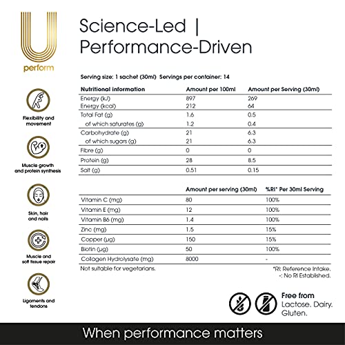U Perform - Sports Muscle Recovery Supplement - High Protein Liquid Collagen Drink - Great for Joints Repair - Citrus Tasting and Natural Ingredients Based (8000mg) (14 sachets) U Perform uk supplements