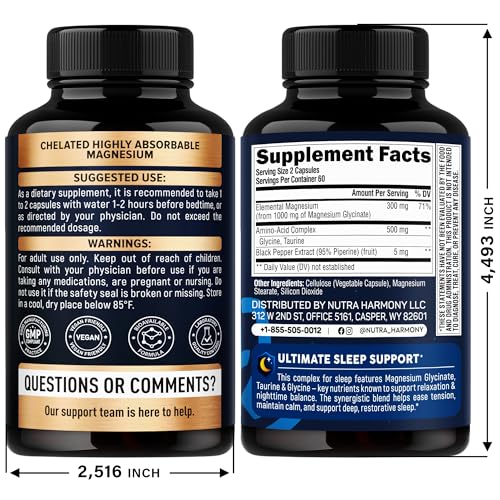Magnesium Glycinate - Sleep & Relaxation Support - Extra Strength Glycinate, Glycine & Taurine 1500 mg - Magnesium Supplement for Women & Men - Chelated & High Absorption - Made in USA - 120 Capsules NUTRAHARMONY uk supplements
