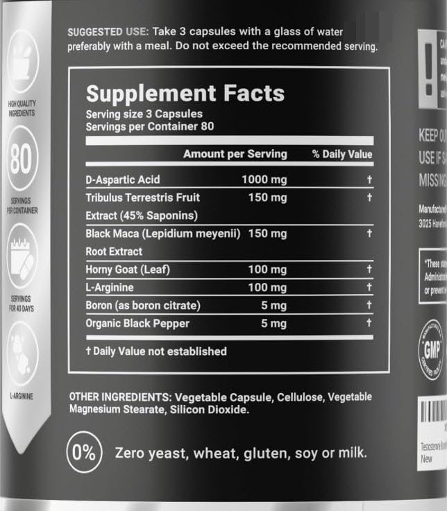 Testosterone Booster Supplement for Men | Boron supplement for men with Tribulus Terrestris, Black Maca, Horny Goat Weed, L-Arginine | Stamina, Endurance, Muscle growth & strength | 80 Servings B Life Company uk supplements