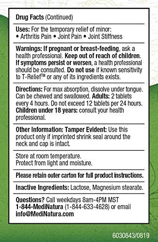 MediNatura T-Relief Extra Strength Arthritis Pain Reliever Arnica +12 Natural Medicines for Joint Soreness Stiffness Aches, Quick Dissolving Pain Relief for Women & Men - 100 Tablets (4 Pack) MediNatura uk supplements