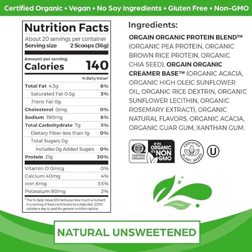 Orgain Organic Unflavored Vegan Protein Powder, Natural Unsweetened - 21g Plant Based Orgain uk supplements