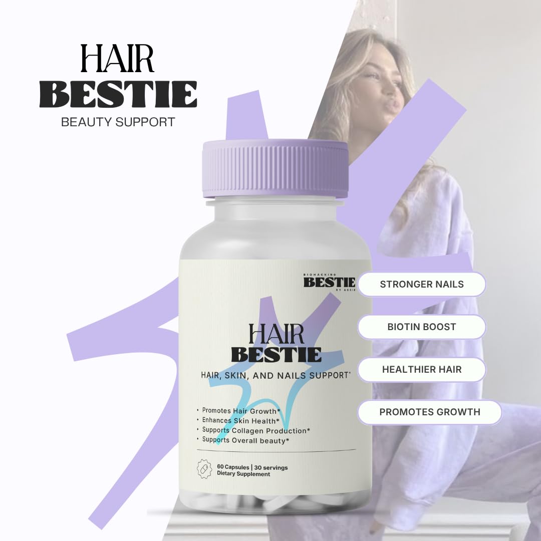 Biohacking Bestie Hair Bestie for Women & Men - Hair Growth Supplement with Biotin, Collagen, Vitamin B5, & Keratin, Support for Skin Health & Nails - 60 Capsules Biohacking Bestie uk supplements