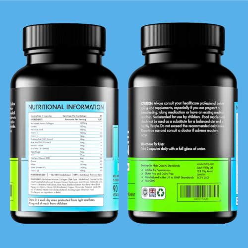 Marine Collagen Supplements - 90 Capsules with Vitamin C, Vitamin E, Hyaluronic Acid, Aloe Vera, Turmeric SASH Vitality uk supplements